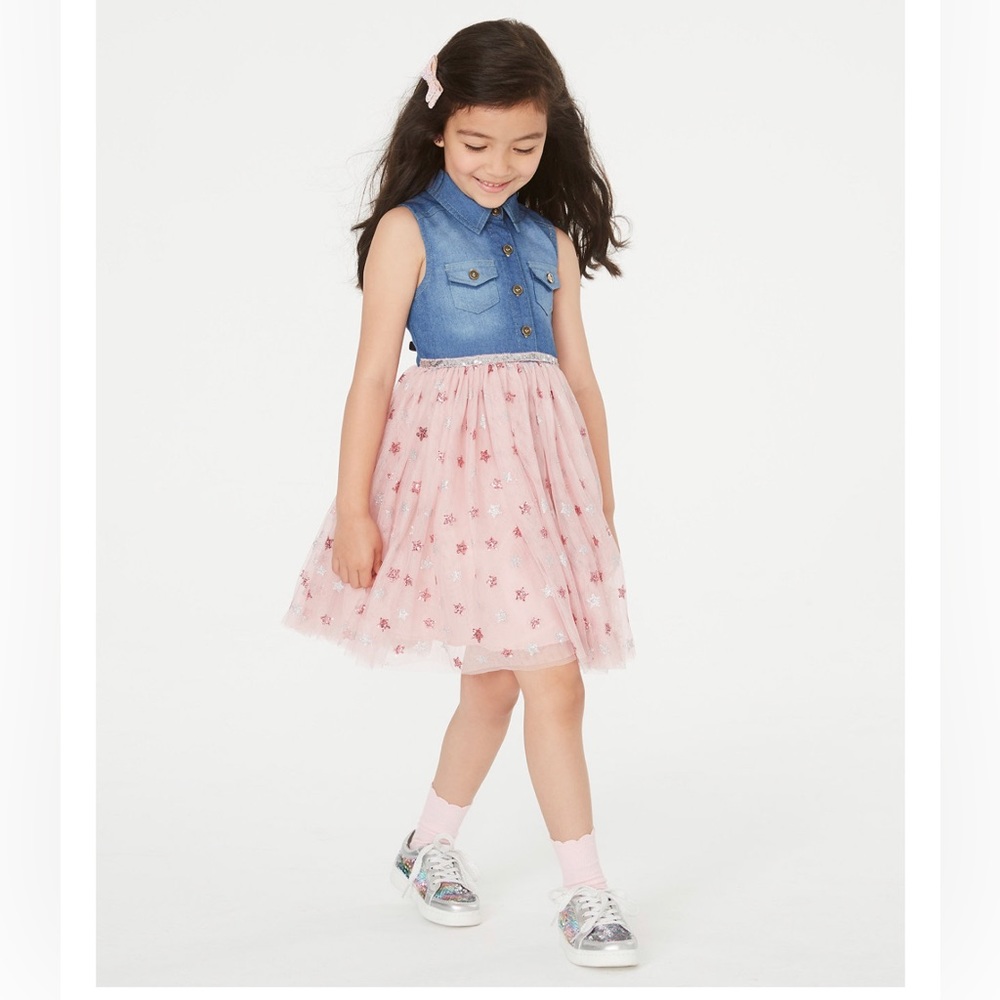 Rare Editions Girls Denim & Star-Print Mesh Dress size 6
